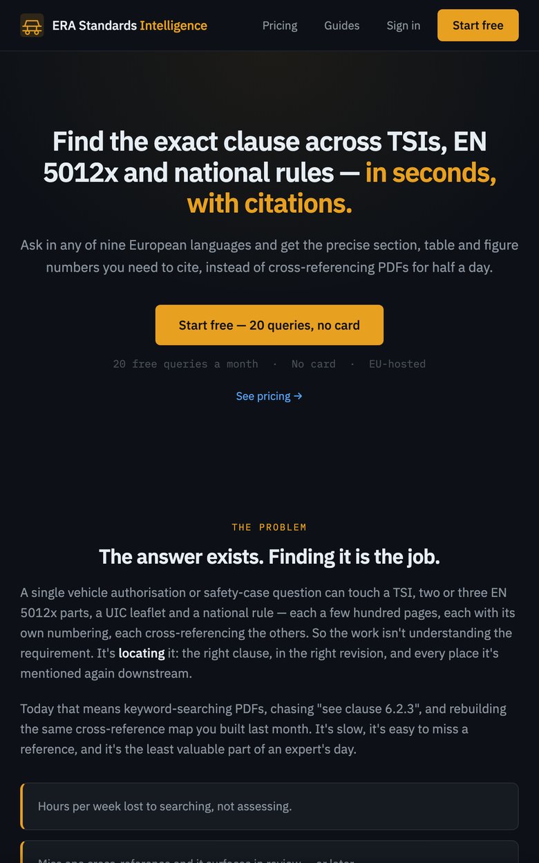 The ERA Standards Intelligence website: find the exact clause across TSIs, EN 5012x and national rules, in seconds, with citations.